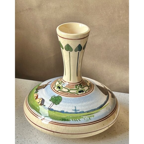 Signed Art Nouveau PZH Gouda Landscape Vase Zuid Holland Dutch Windmill Sailboat - Picture 2 of 9